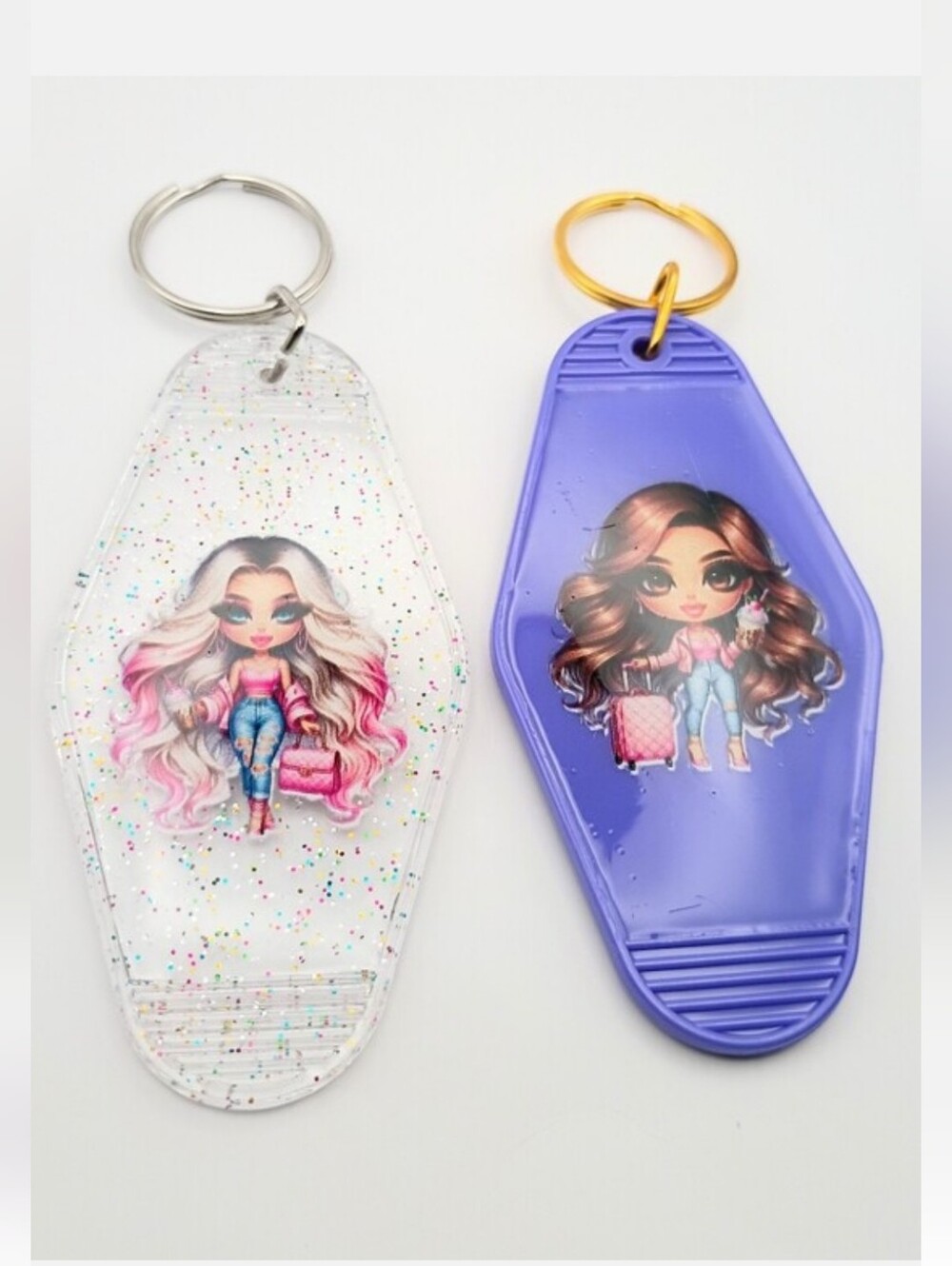 Clear Glitter & Purple Doll Keychain Card Holders - Set of 2